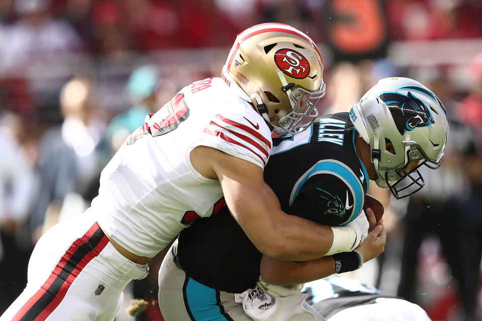 Nick Bosa with one of his three sacks on Sunday against Carolina. (Getty Images)