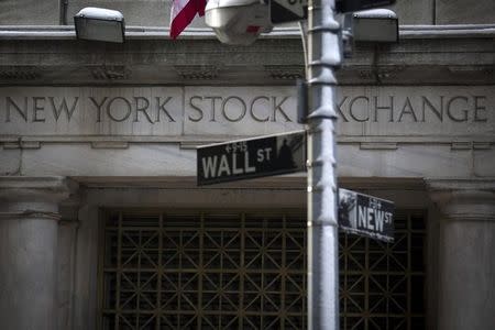 The Wall St. sign is seen outside the door to the New York Stock Exchange in New York's financial district February 4, 2014. REUTERS/Brendan McDermid