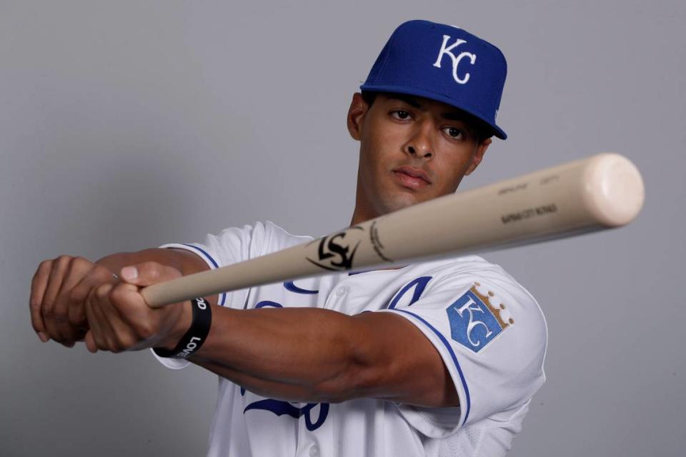 This is a 2020 photo of MJ Melendez of the Kansas City Royals baseball team. This image reflects the Kansas City Royals active roster as of Thursday, Feb. 20, 2020, when this image was taken. (AP Photo/Charlie Riedel)