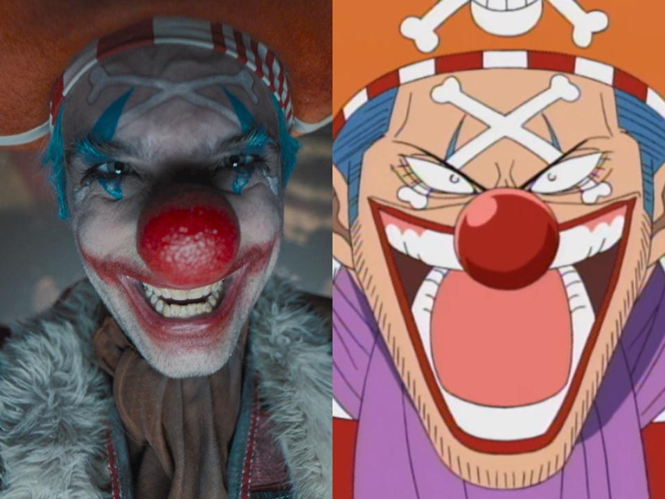 left: jeff ward as buggy the clown in one piece, a man with a naturally large red nose, blue hair, and haphazard clown makeup; right: buggy in the one piece anime, with a similar appearance
