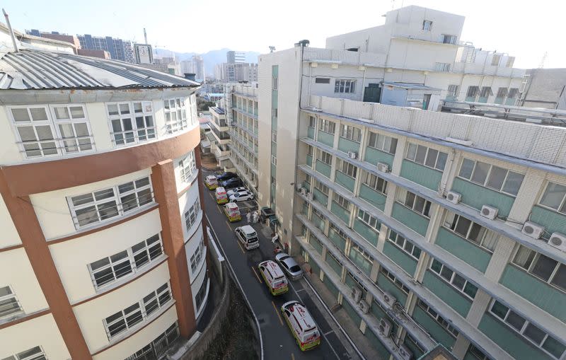 Ambulances transporting confirmed coronavirus patients arrive at a hospital in Daegu