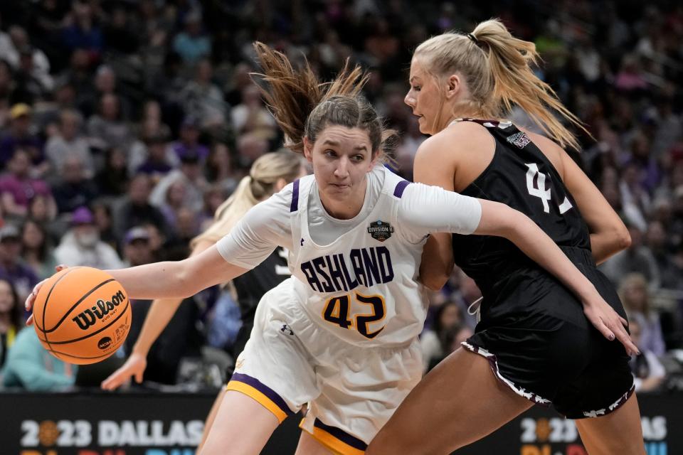 Ashland's Annie Roshak drives past Minnesota Duluth's Lexi Karge during the first half of an NCAA Women's Division 2 championship basketball game Saturday, April 1, 2023, in Dallas. (AP Photo/Morry Gash)