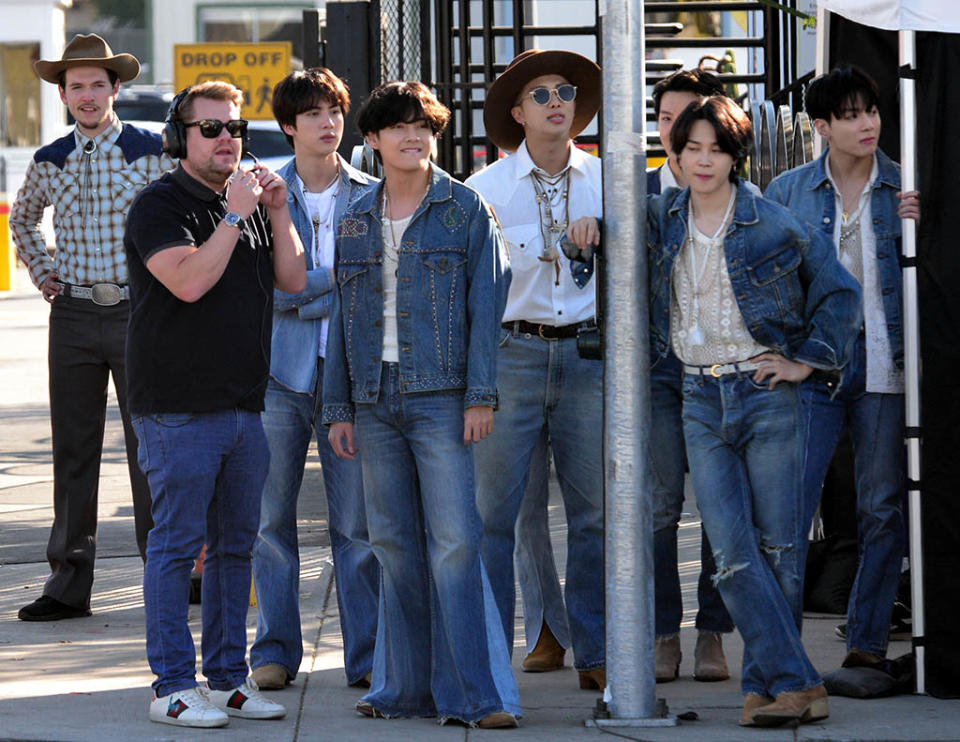 James Corden dancing and hanging out with Korean K-Pop Boy Band BTS as they film a skit in front of CBS Studios in Los Angeles. - Credit: London Entertainment / SplashNew