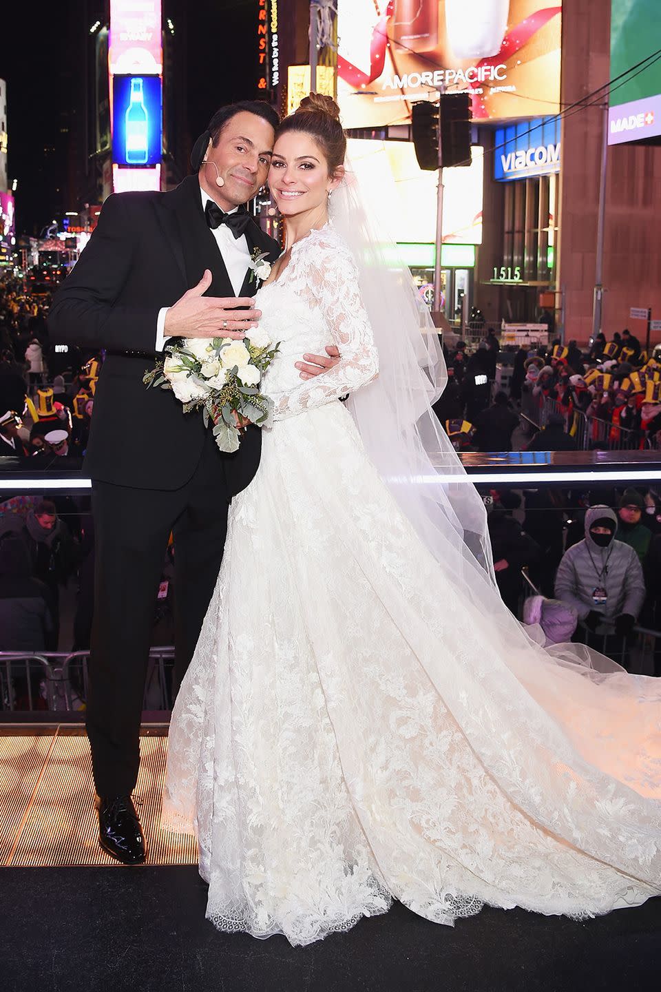 <p>Maria Menounos got married to her longtime beau Kevin Undergaro on New Year's Eve in a surprise ceremony in Times Square! Her long-sleeved <span class="redactor-unlink">Atelier Pronovias mermaid gown</span> was classically chic (and hopefully the long sleeves kept her warm).</p>