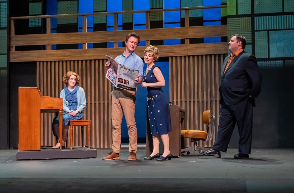 Emma Skaggs as Carole King, Steven Kiss as her husband and songwriting partner Gerry Goffin, Katelyn Lesle Levering as friend and rival songwriter Cynthia Weil, and Sam Ramirez as Weil's husband Barry Mann check out the Billboard Top 100 in a scene from “Beautiful: The Carole King Musical” at the Croswell Opera House.