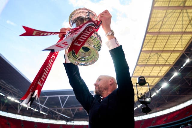 Erik ten Hag celebrates with the FA Cup