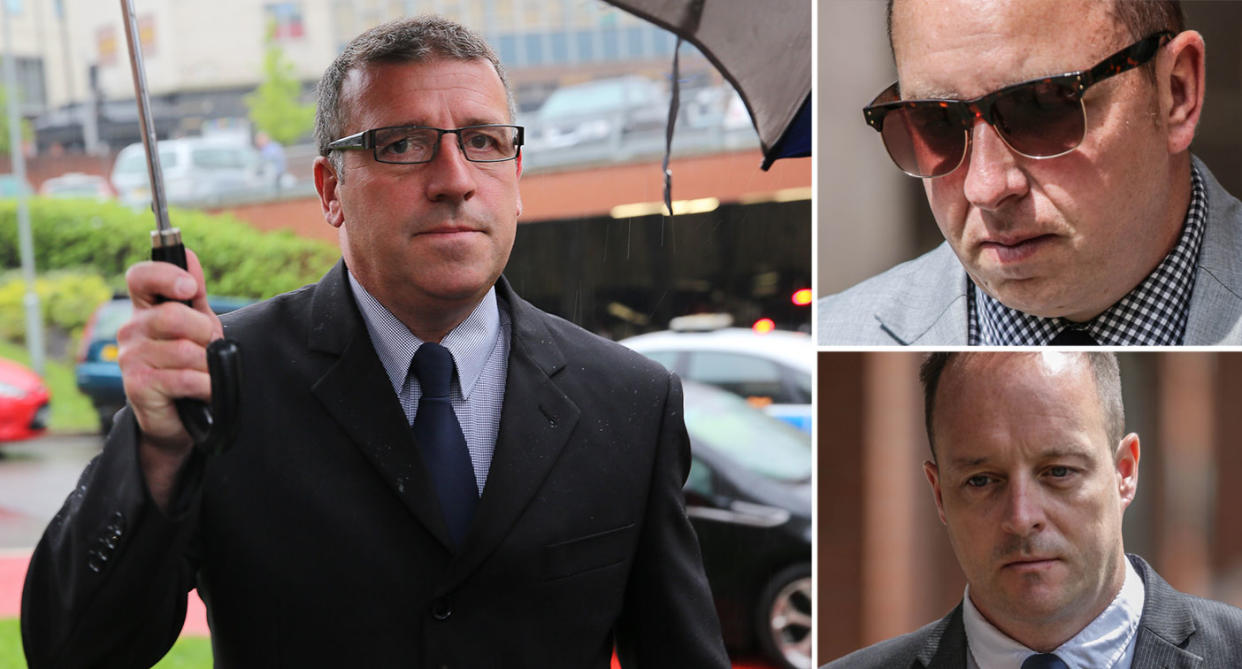 <em>Adrian Pogmore, Lee Walls and Matthew Lucas must have all known the illicit recordings were being made from the helicopter, it is alleged (Pictures: SWNS)</em>