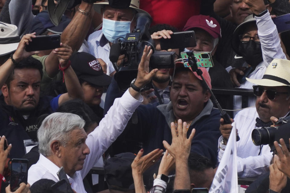 Mexican President Andrés Manuel López Obrador arrives at the capital's main square, the Zócalo, during a march in support of his administration, in Mexico City, Sunday, November 27, 2022. (AP Photo / Marco Ugarte)