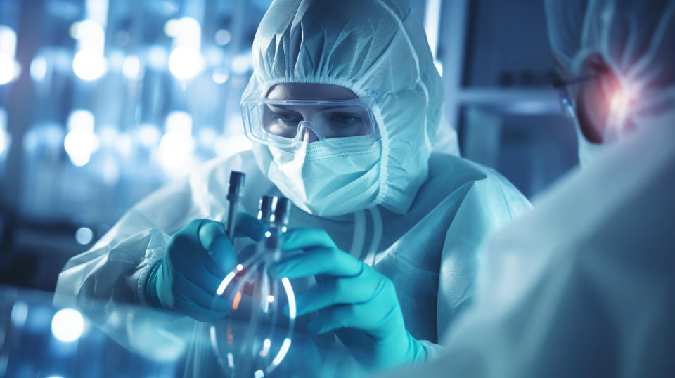 A medical professional in full protective gear handling a vial of plasma.