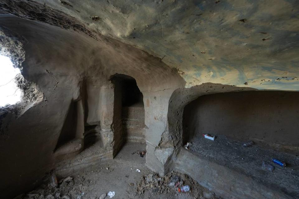 Homeless people have been digging elaborate caves into the bank of the Tuolumne River along Crater Avenue in Modesto, Calif., Tuesday, Jan. 30, 2024. Some of the caves are large enough for person to stand upright and have painted walls.