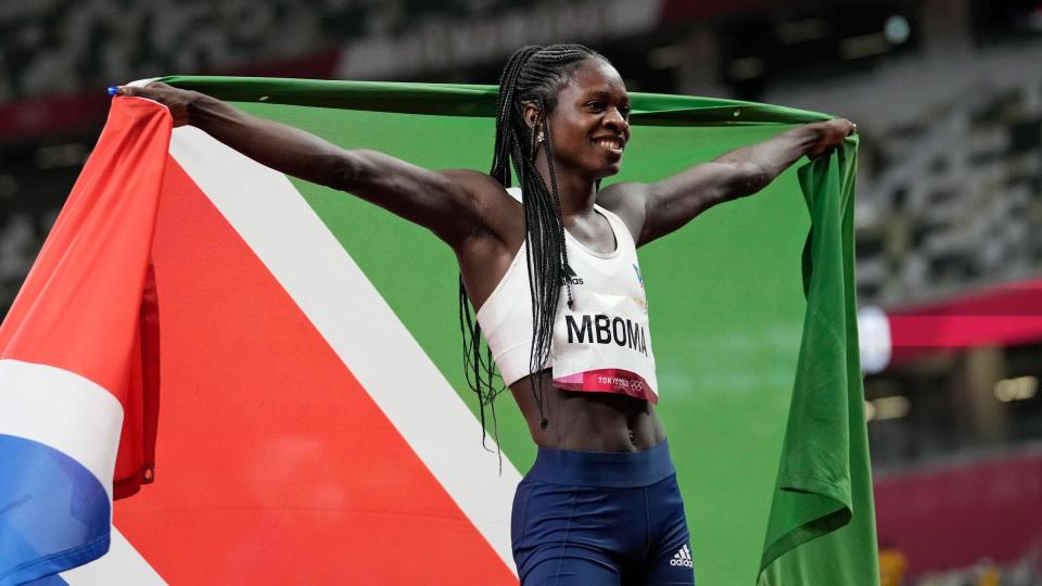 Namibia's Christine Mboma celebrates silver medal at Tokyo 2020.