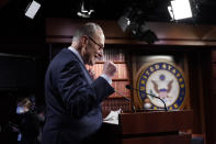 Senate Majority Leader Chuck Schumer of N.Y., speaks during a news conference after the Senate passed a COVID-19 relief bill in Washington, Saturday, March 6, 2021. (AP Photo/J. Scott Applewhite)