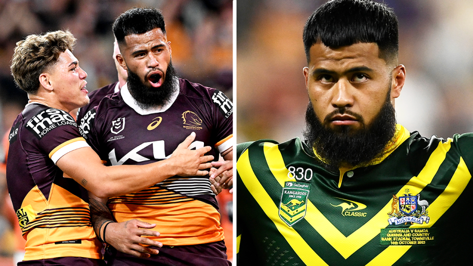 Broncos enforcer Payne Haas (pictured) is set to miss the international schedule for Australia after undergoing surgery on his foot fracture. (Getty Images)