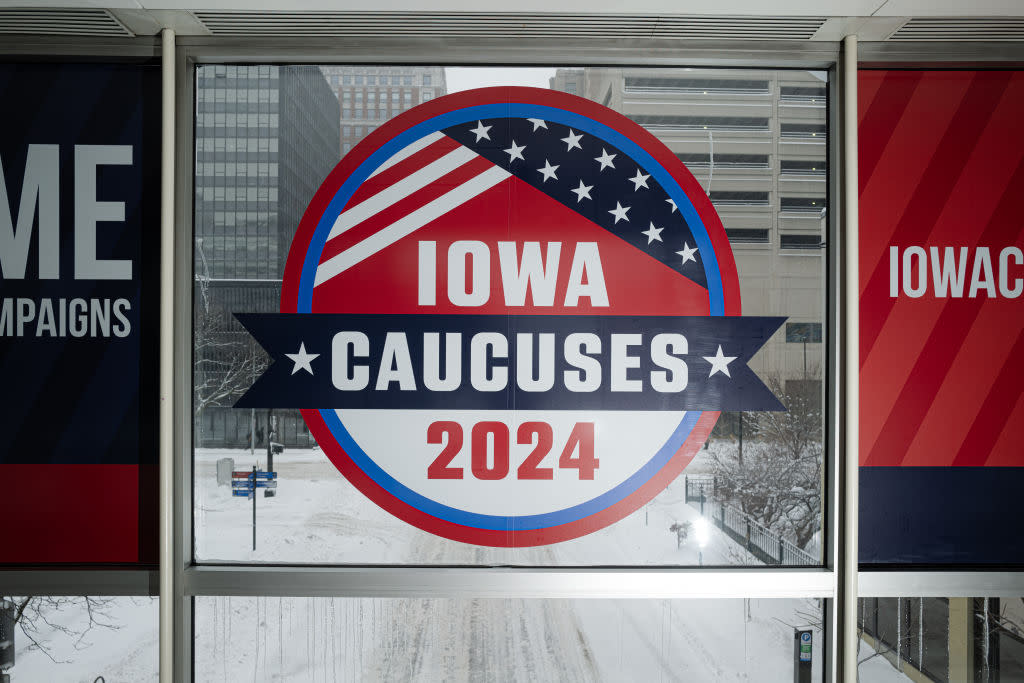  Signage ahead of the Iowa caucus in Des Moines, Iowa, US, on Friday, Jan. 12, 2024. 