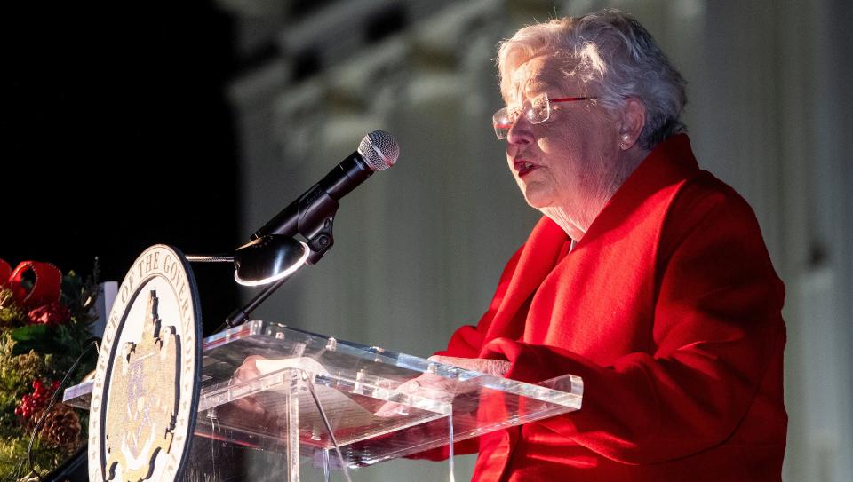 Alabama Governor Kay Ivey speaks during the state Christmas Tree lighting ceremony on the steps of the state capitol building in Montgomery, Ala., on Friday evening December 3, 2021.