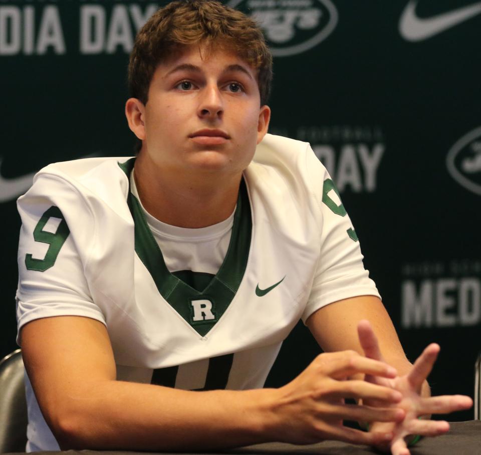 East Rutherford, NJ August 8, 2023 -- Landon DePrima of Ramapo at the high school football Super Football Conference Media Day at MetLife Stadium.