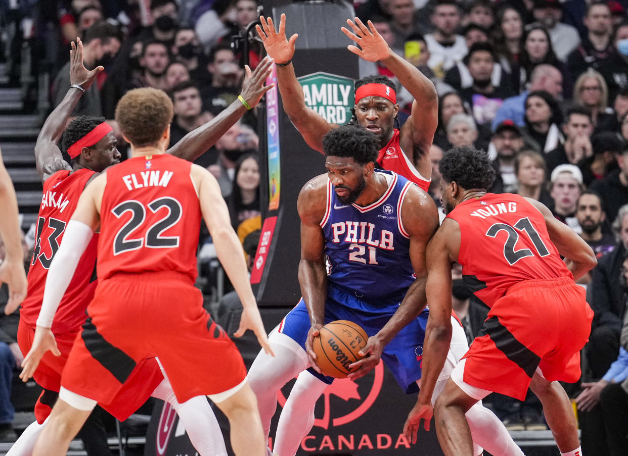 The Toronto Raptors will swarm Philadelphia 76ers star Joel Embiid with smaller bodies in the first round of the NBA postseason. (Mark Blinch/Getty Images)