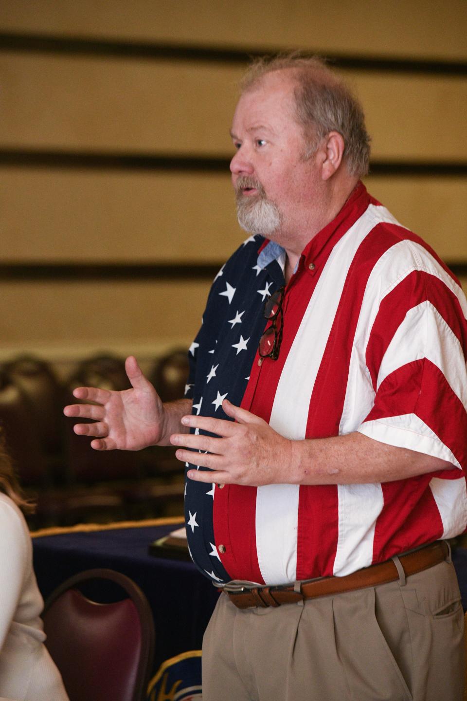 Darrel Barnhill, who is running against Okaloosa County School Board incumbent Linda Evanchyk, speaks to voters at the Elks Lodge on Okaloosa Island. Barnhill contends that Evanchyk has been using her supporters to attack him.