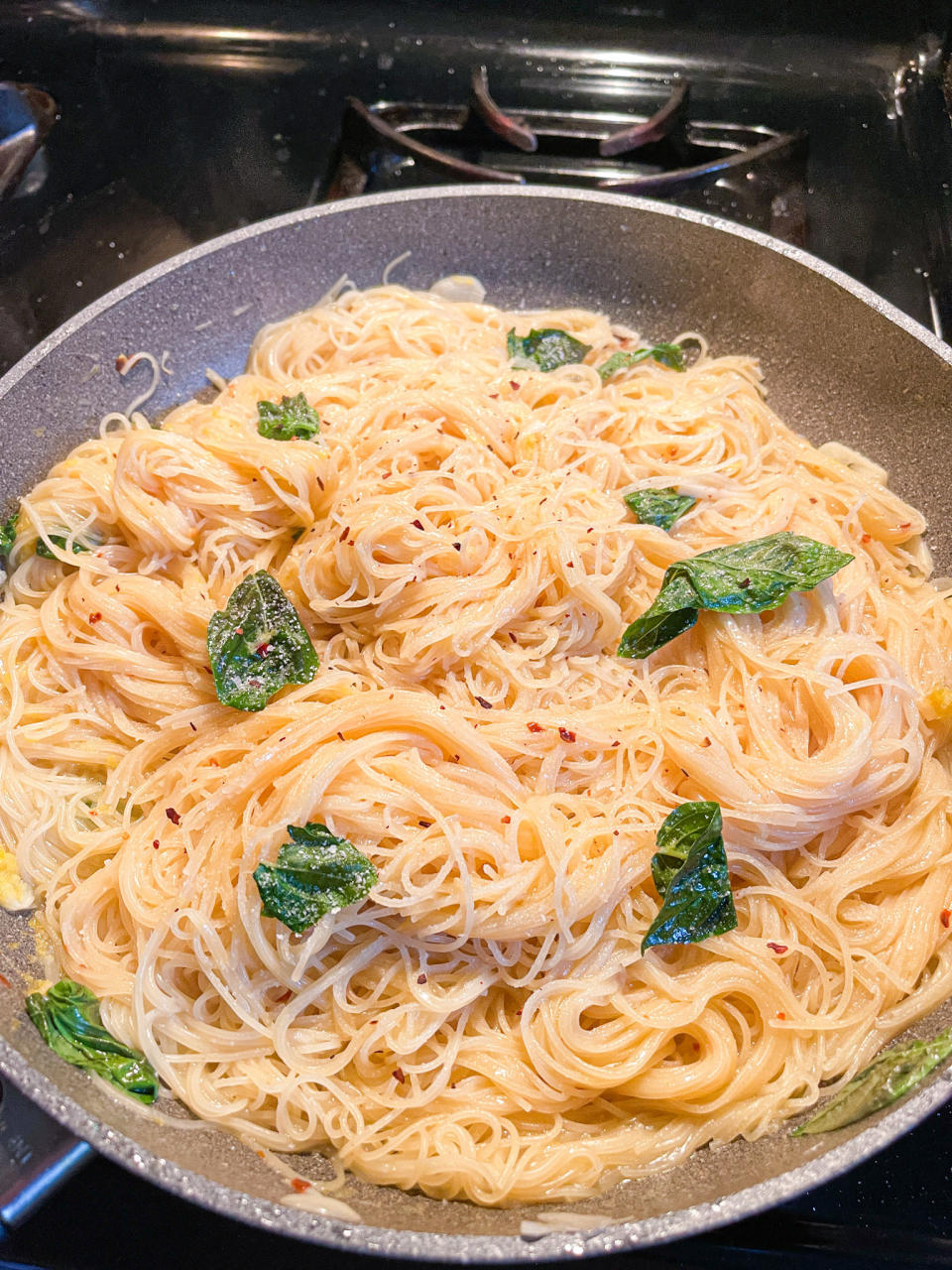 Pan of completed lemon pasta dish