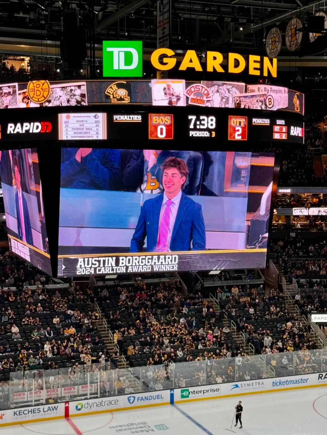 Austin Borggaard appears on the Jumbotron at TD Garden on April 16.