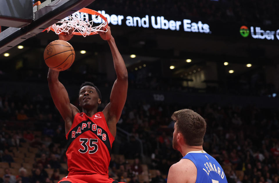 Center Christian Koloko (35) and the Toronto Raptors try to keep their season alive on Wednesday against the Chicago Bulls. (Steve Russell/Toronto Star via Getty Images)