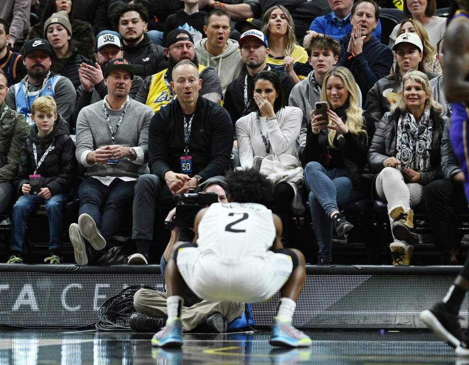 Fans react after Utah Jazz guard Collin Sexton (2) got hit in the face on a drive to the hoop as Utah Jazz and Los Angeles Lakers play at the Delta Center in Salt Lake City on Saturday, Jan. 13, 2024. Utah won 132-125. | Scott G Winterton, Deseret News