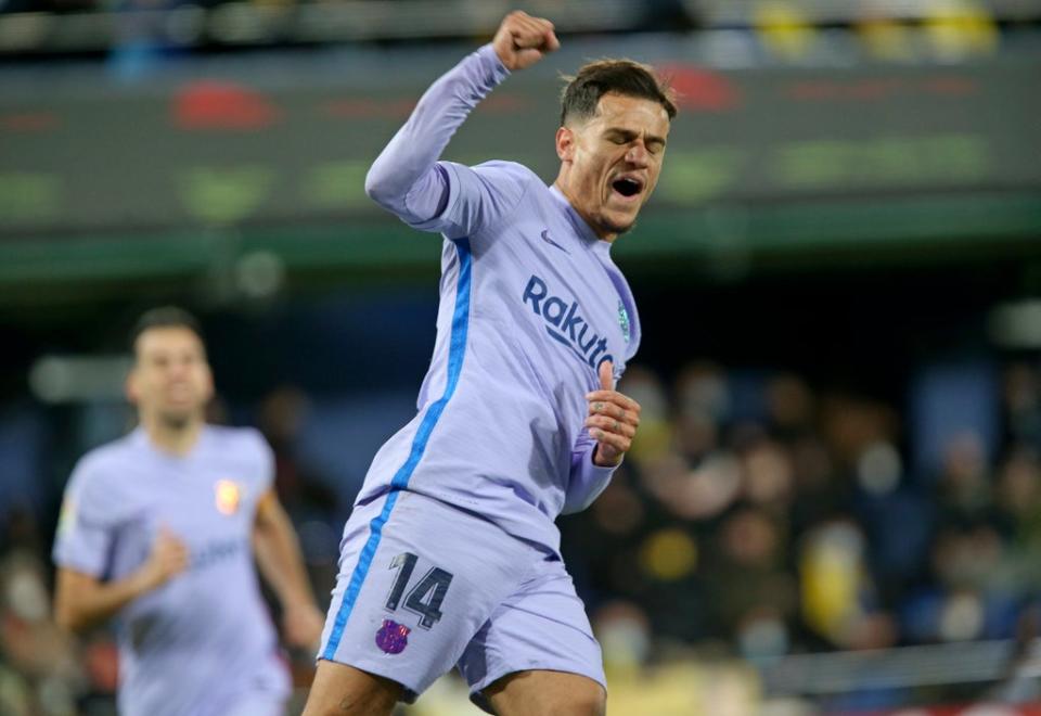 Philippe Coutinho celebrates after scoring Barcelona’s third goal (Alberto Saiz/AP/Press Association Images) (AP)