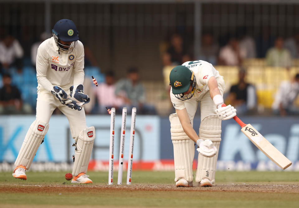 Marnus Labuschagne is bowled by Ravindra Jadeja.