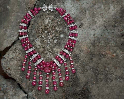 Mauboussin Burmese ruby and diamond transformable necklace, 1930, at Symbolic & Chase
