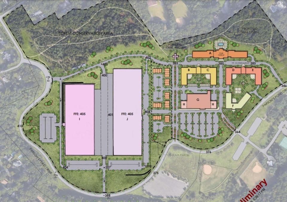 Plan 2 for the 89-acre Cigna/IBM/Express Scripts property in Franklin Lakes called for 305 multi-housing units of which 85 to 100 would be affordable, retail space and two warehouses totaling 495,000 square feet.