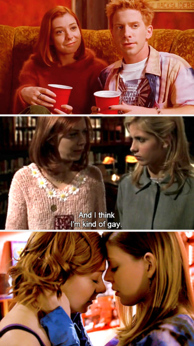 Willow and Oz drinking at a party; Willow telling Buffy "And I think I'm kind of gay;" Willow and Tara embracing