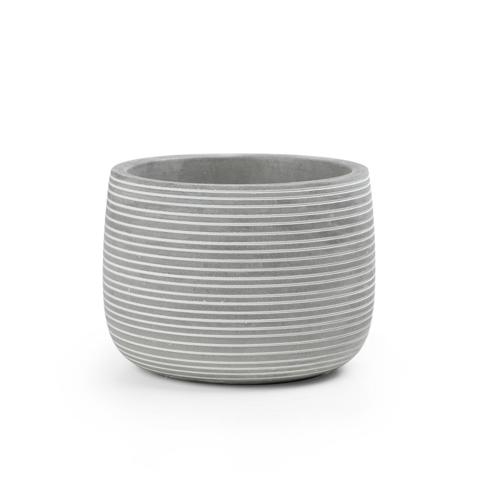 2) Round Gray and White Cement Striped Plant Pot