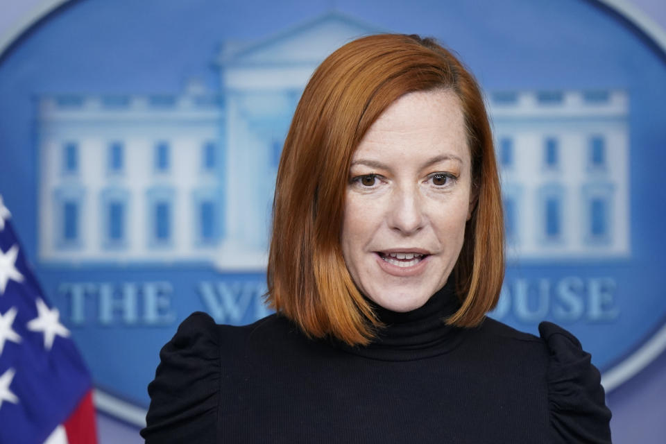 FILE - White House press secretary Jen Psaki speaks during a press briefing at the White House, Thursday, Dec. 23, 2021, in Washington. On Friday, Dec. 31, The Associated Press reported on stories circulating online incorrectly claiming Psaki said, “If you don’t buy anything, you won’t experience inflation.” (AP Photo/Patrick Semansky, File)