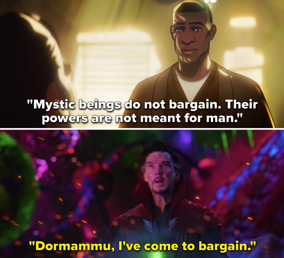 O'Bengh saying, "Mystic beings do not bargain" vs. Stephen saying, "Dormammu, I've come to bargain"