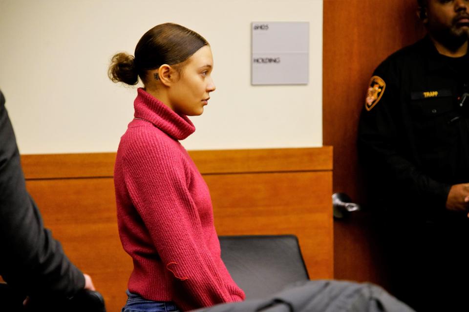 Marizah Thomas, 19, stands Tuesday. Jan. 23, 2024, in Franklin County Common Pleas Court, where a jury found her not guilty of aggravated murder and murder for fatally shooting 17-year-old Jayce O'Neal on July 12, 2021, after the two teens briefly fought outside of Thomas' home. Thomas testified on the stand during her trial that she acted in self-defense. The jury found her guilty of tampering with evidence, the sentence for which will be handled in county juvenile court.