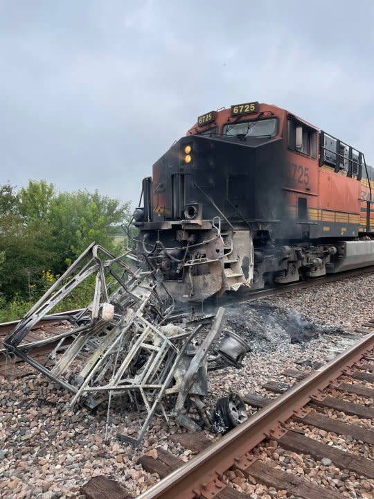 A BNSF Railway train hit an ATV that was stuck on the tracks Monday near Mendon, Missouri, officials say. (Photo via MSHP)