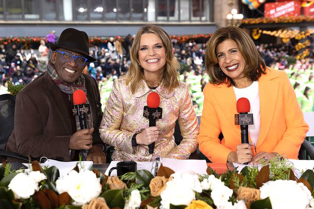 <p>Eric Liebowitz/NBC/NBCU Photo Bank via Getty Images</p> Al Roker, Savannah Guthrie and Hoda Kotb at the 2021 Macy's Thanksgiving Day Parade.