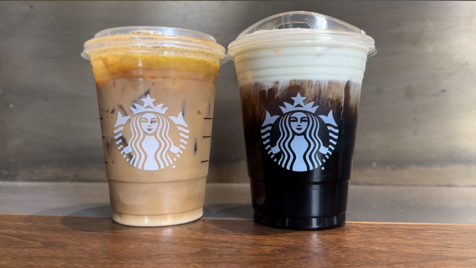 On the left is the Oleato Iced Shaken Espresso, and on the right is the Oleato Golden Foam Cold Brew. (Photo taken by Yahoo Finance / Brooke DiPalma).