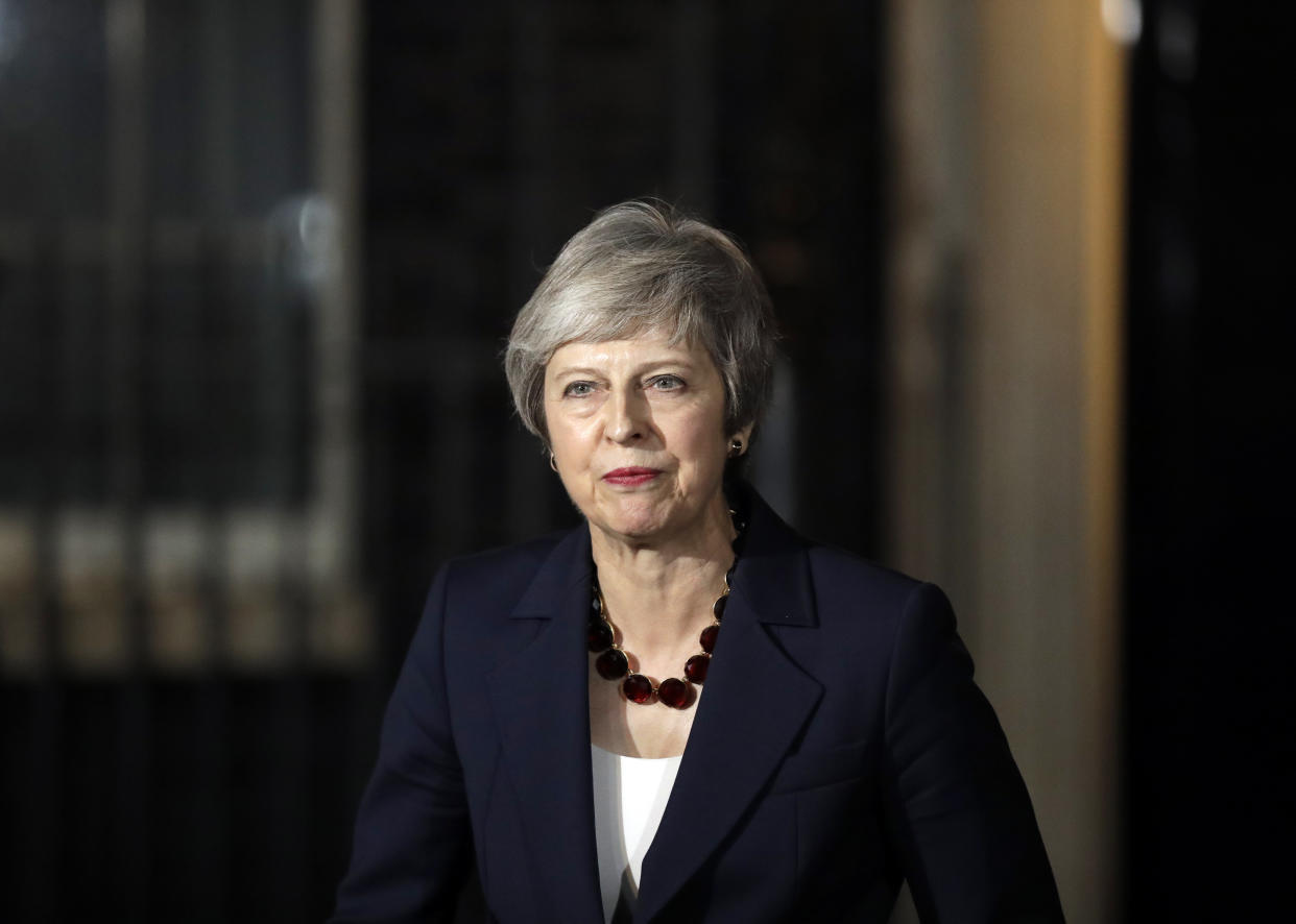 Theresa May delivers her speech outside 10 Downing Street on Wednesday night. (AP Photo/Matt Dunham)