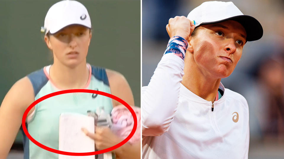 Pictured left, Iga Swiatek emerged for the second set with a notebook in hand during her French Open fourth round win.