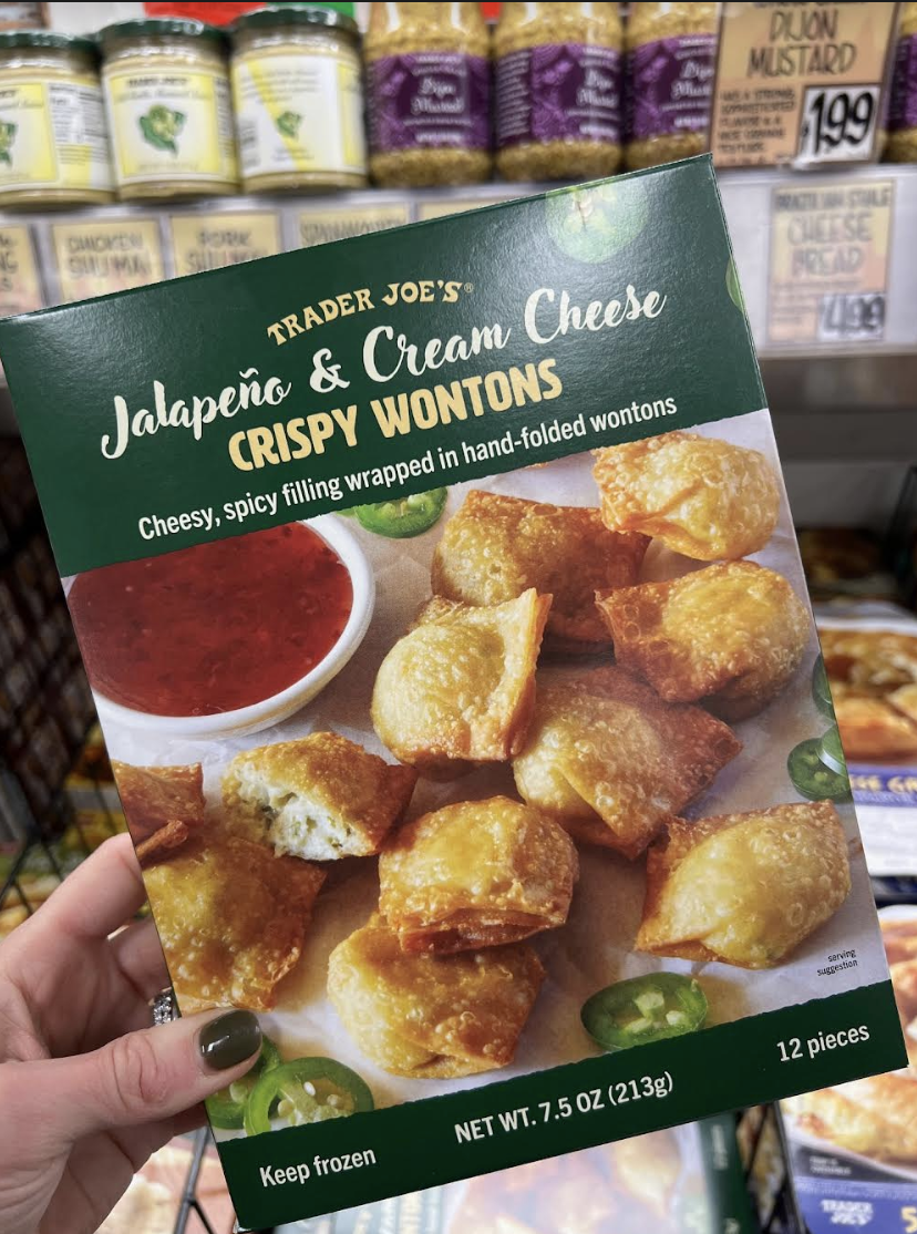 Packaging of Trader Joe's Jalapeño & Cream Cheese Crispy Wontons with text and image of the product