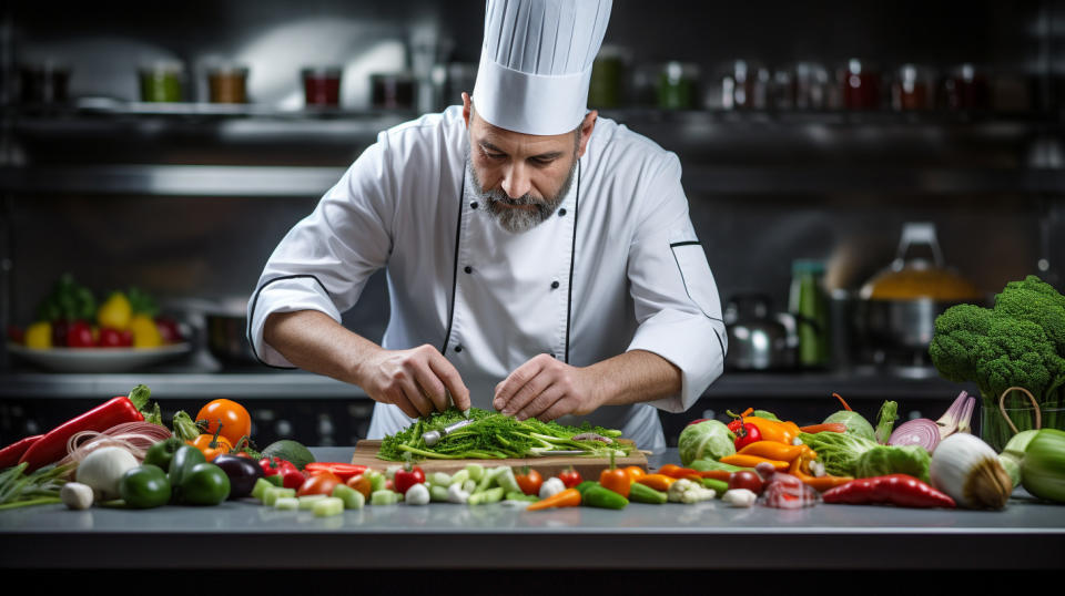 A chef in a professional kitchen demonstrating ways to use the company's products to cook healthy and functional food.