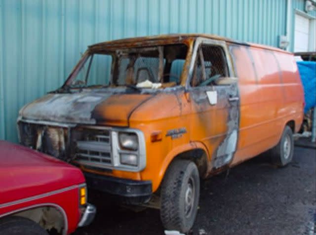 <p>SUPERIOR COURT OF THE STATE OF CALIFORNIA FOR THE COUNTY OF SAN MATEO</p> Van that was burned on Dec. 25, 2002