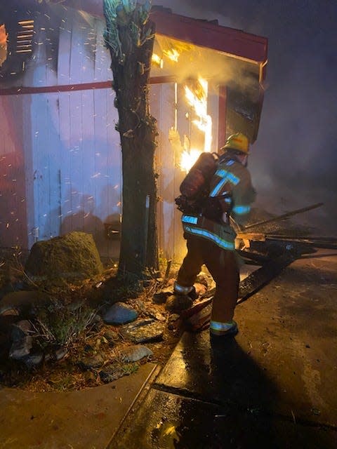 Fire crews on Thursday battled a two-alarm structure fire on Serrano Road north of Highway 18 in Apple Valley.