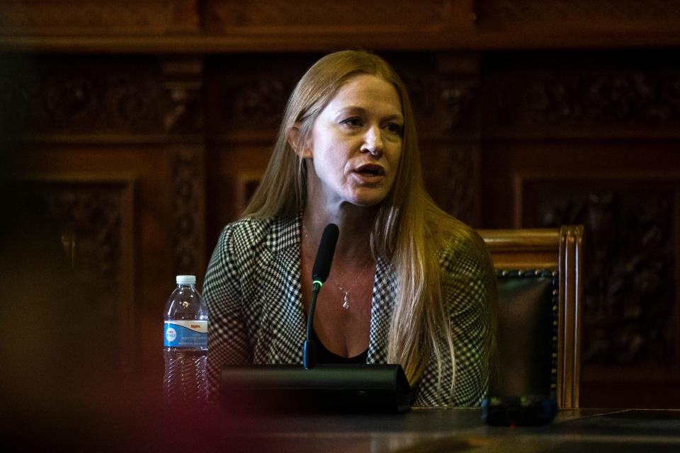 Senate Majority Whip Amy Sinclair, R-Allerton, answers questions from the media during the Iowa Capitol Press Association legislative preview forum on Tuesday, Jan. 4, 2022, at the Iowa Capitol in Des Moines.