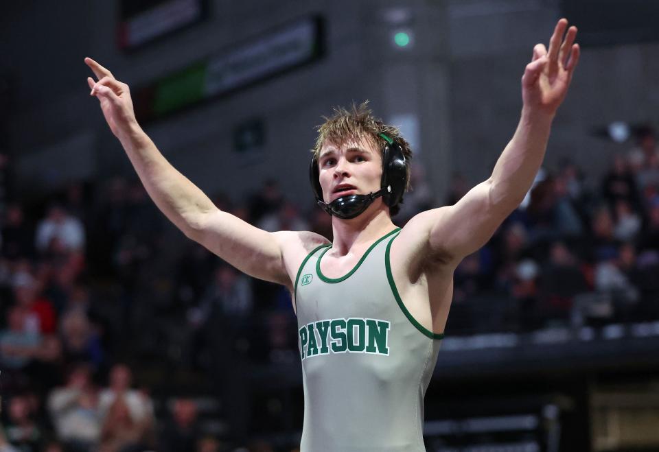 Colton Theobald, Payson celebrates his win at 144 lbs.in the 4A boys wrestling state championships at UVU in Orem on Saturday, Feb. 17, 2024. | Jeffrey D. Allred, Deseret News