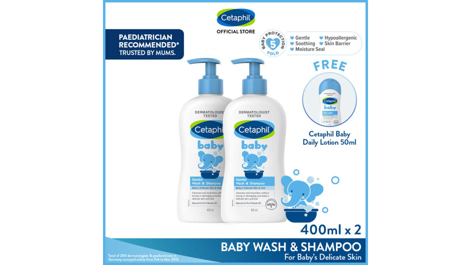 Cetaphil Baby Gentle Wash & Shampoo 400ml Twin Pack + Free Daily Lotion Sample. (Photo: Lazada SG)