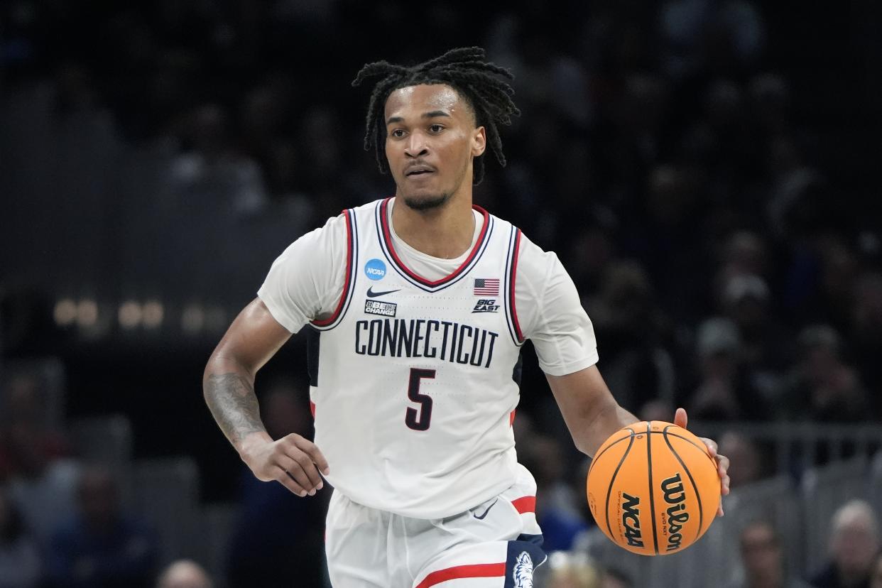 UConn's Stephon Castle during a Sweet 16 college basketball game against San Diego State in the men's NCAA Tournament, Thursday, March 28, 2024, in Boston. (AP Photo/Michael Dwyer)