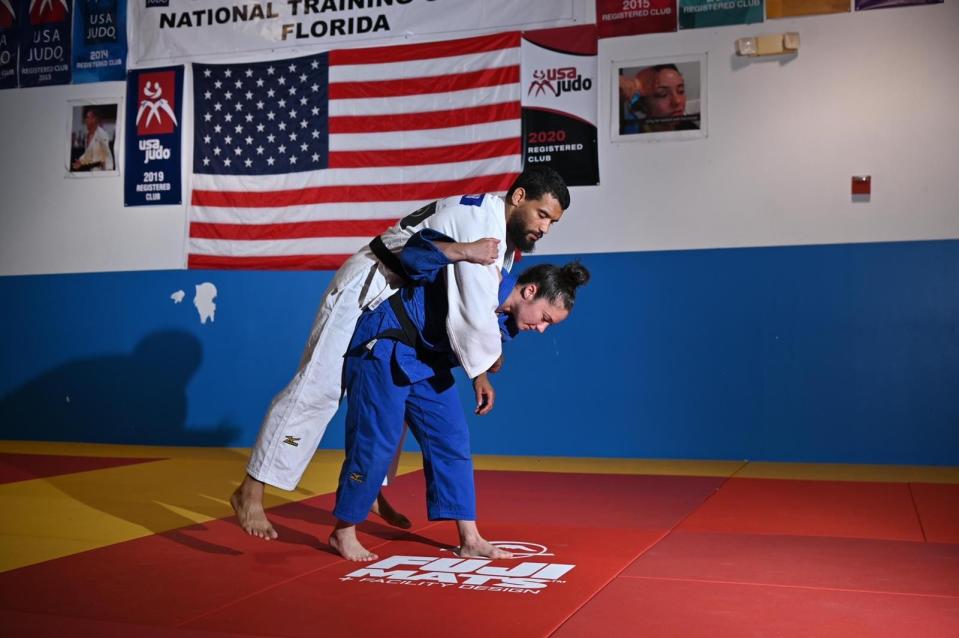 Judoka Angelica Delgado practicing with her fiancé.