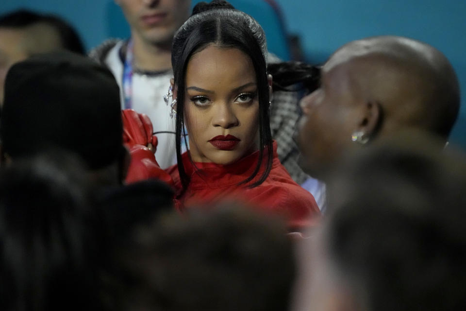 Rihanna prepares to perform before the halftime show at the NFL Super Bowl 57 football game between the Kansas City Chiefs and the Philadelphia Eagles, Sunday, Feb. 12, 2023, in Glendale, Ariz. (AP Photo/Seth Wenig)